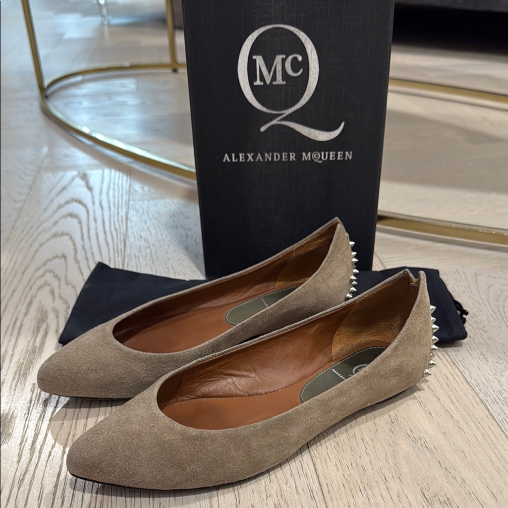 Alexander Mcqueen Pointy Brown Suede Studded Flats